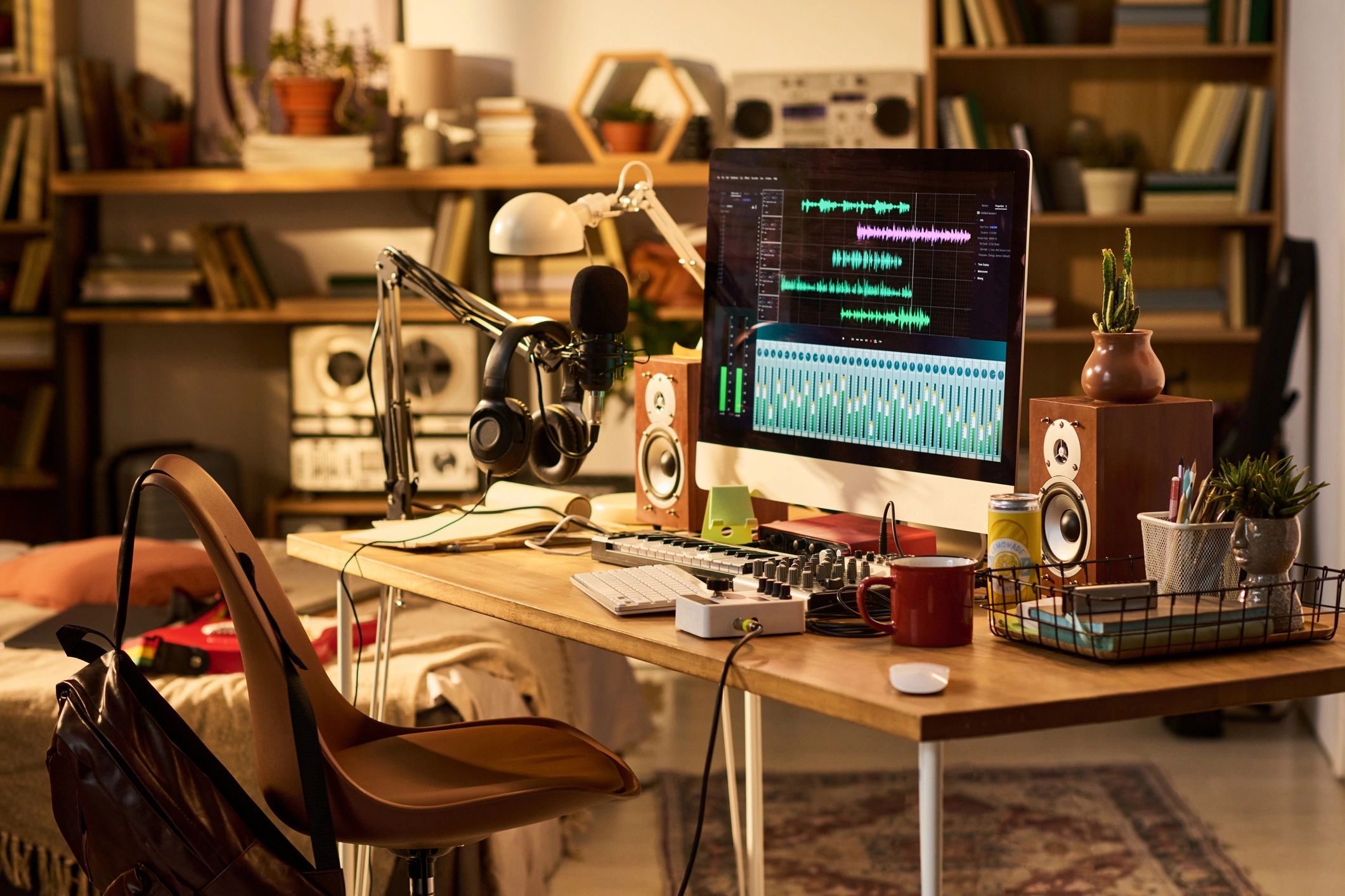 Audio editing workspace with computer, speakers, and recording equipment